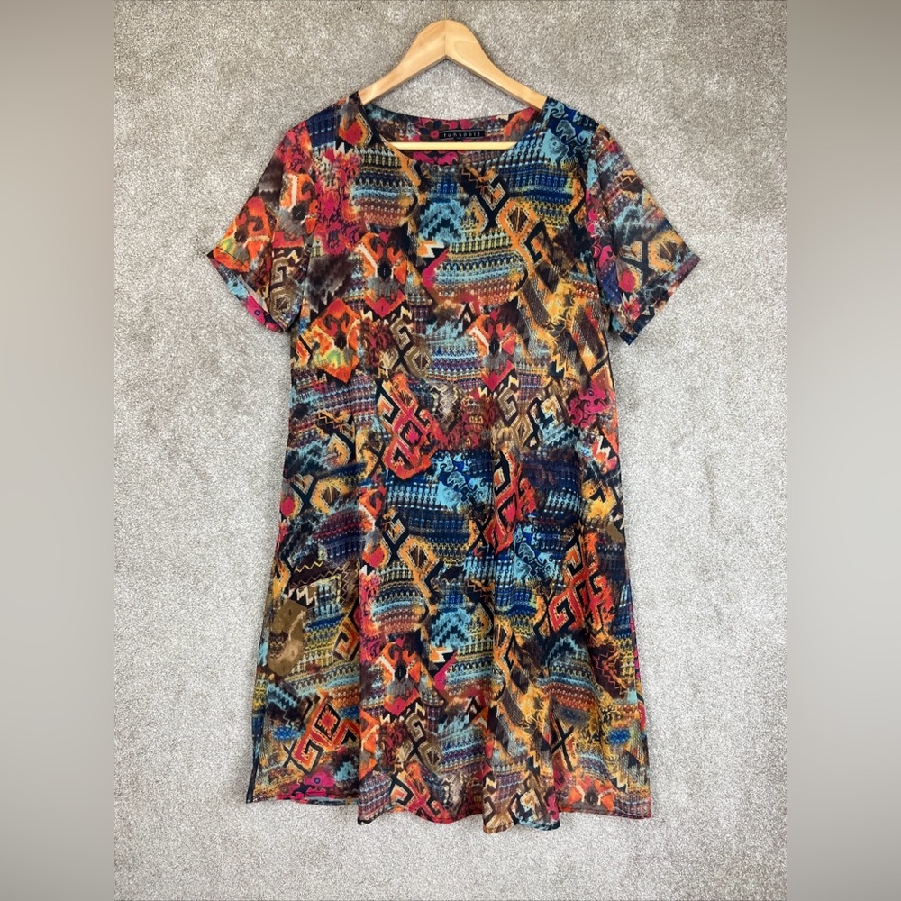 Funsport Dress Womens Medium Multicolor Short Sleeve Lined Shift Polyester-9369*